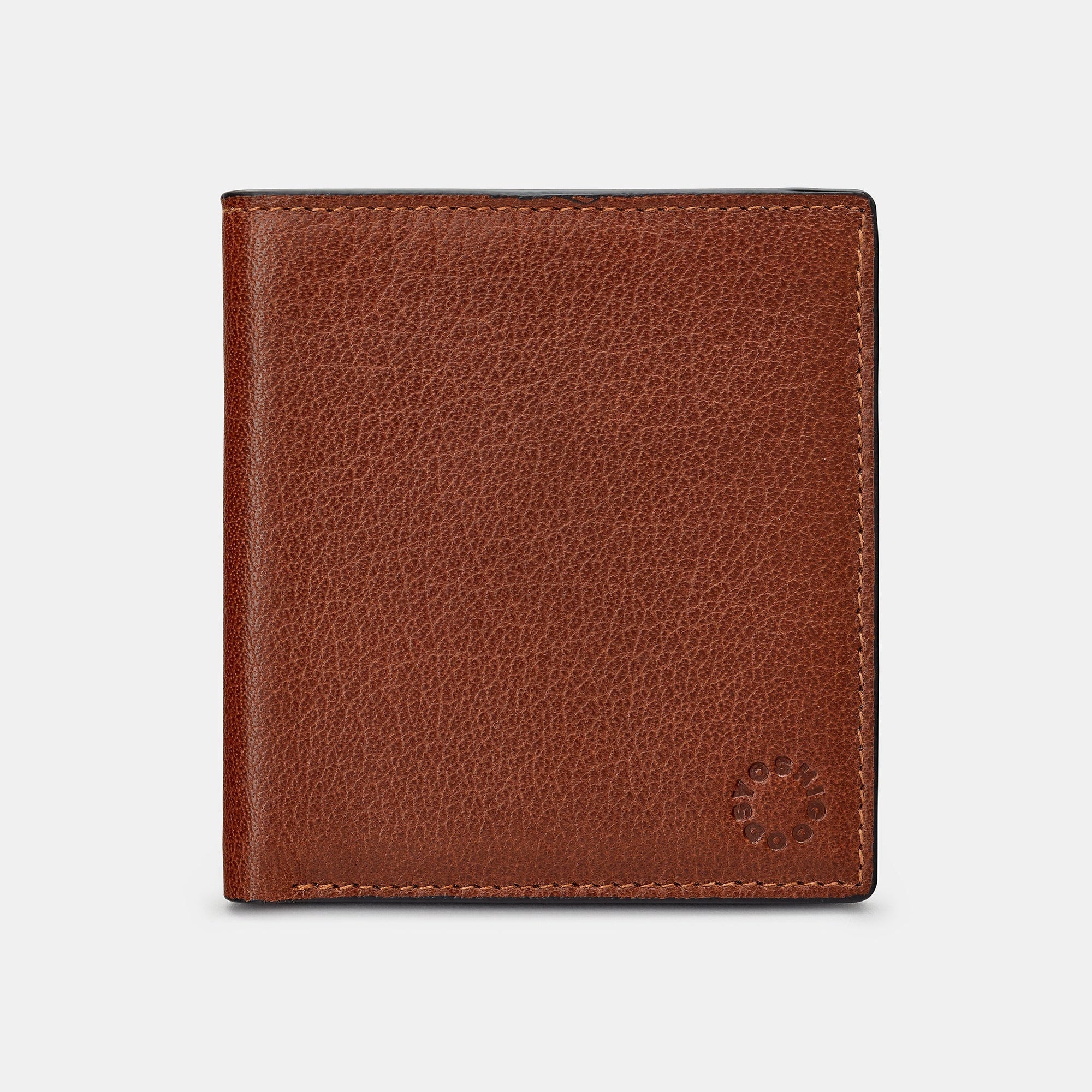 Brown leather wallet closed front view with Yoshi logo on grey background