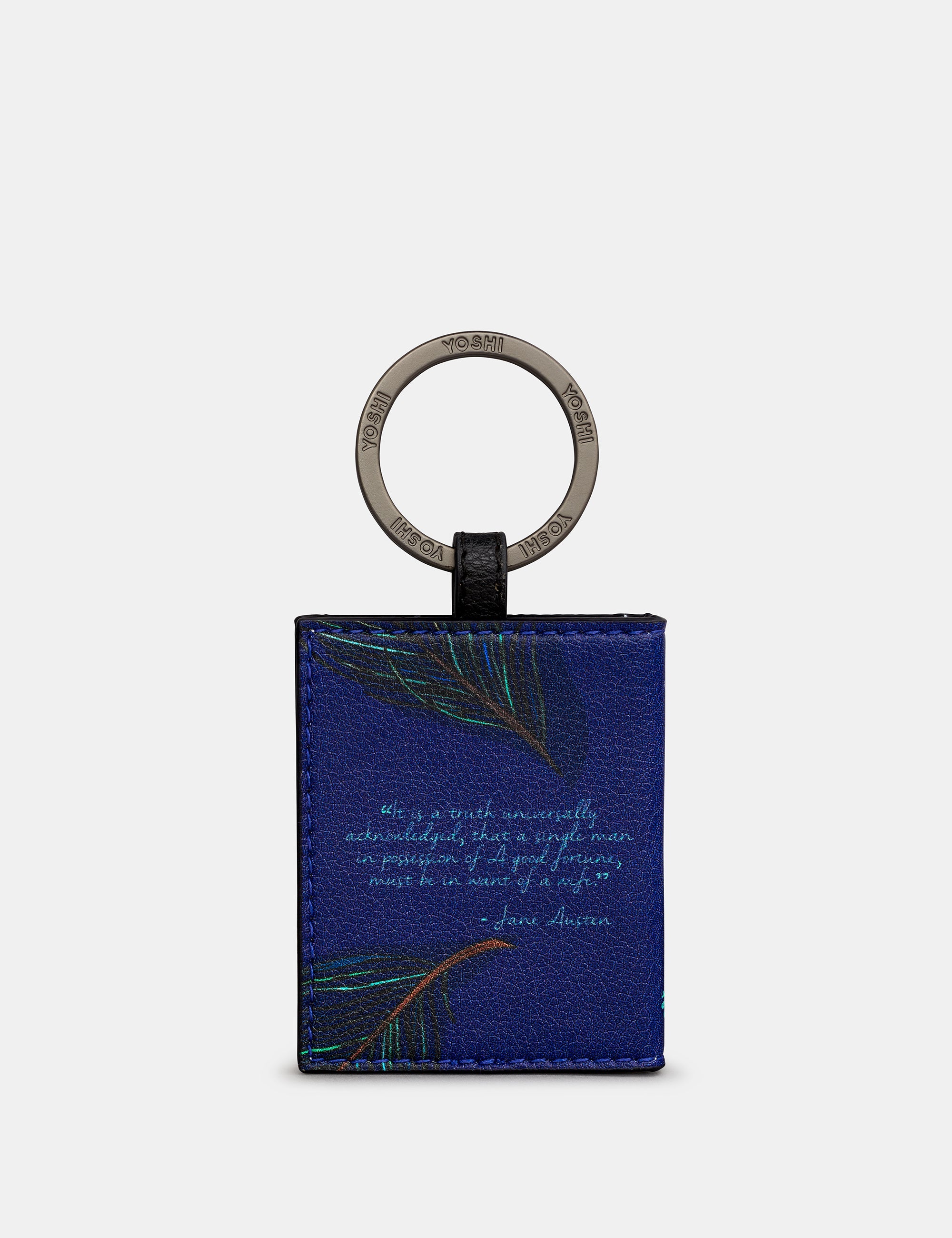 Pride and Prejudice keyring back with Jane Austen quote and peacock feather