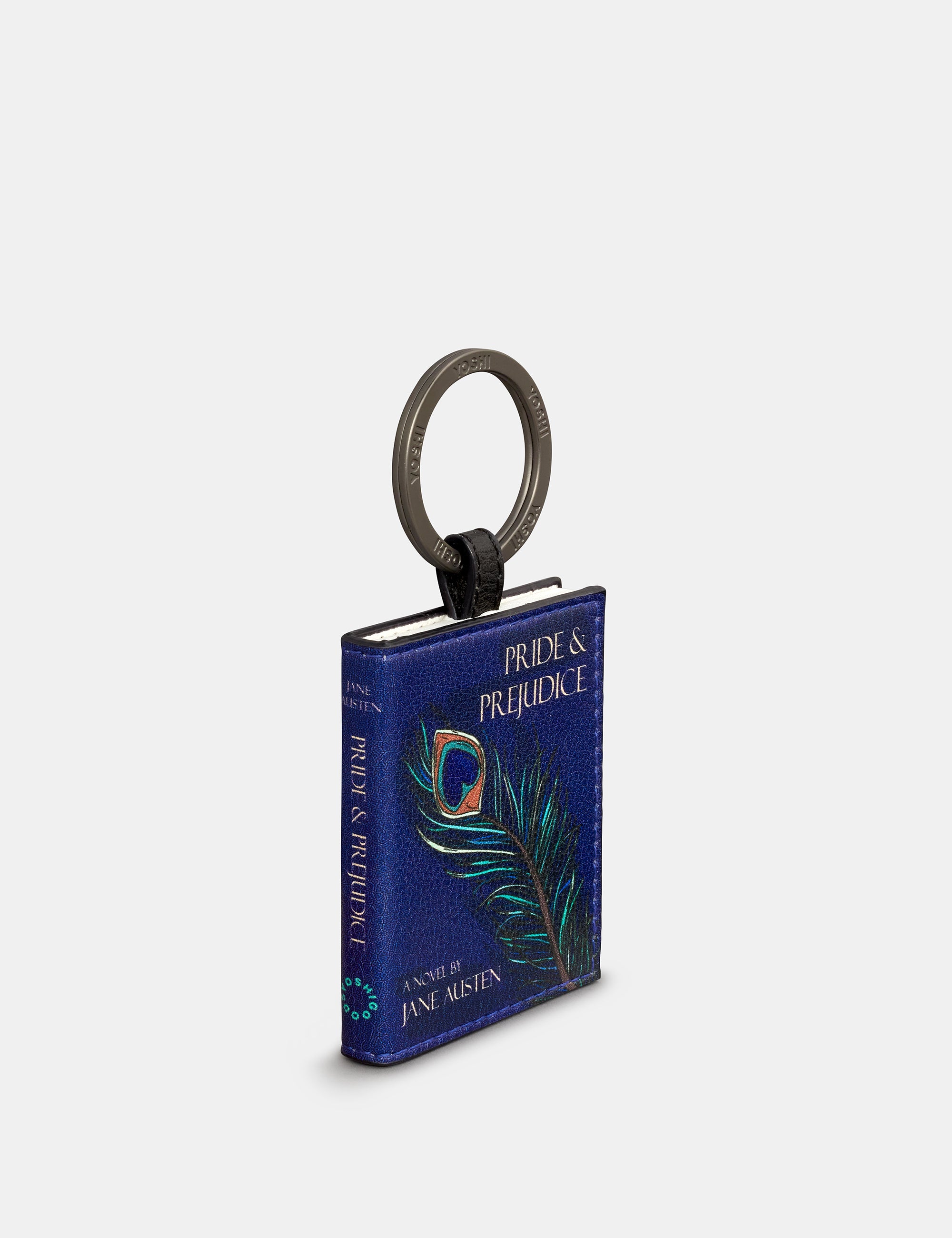 Pride and Prejudice keyring side view showing spine title on white background