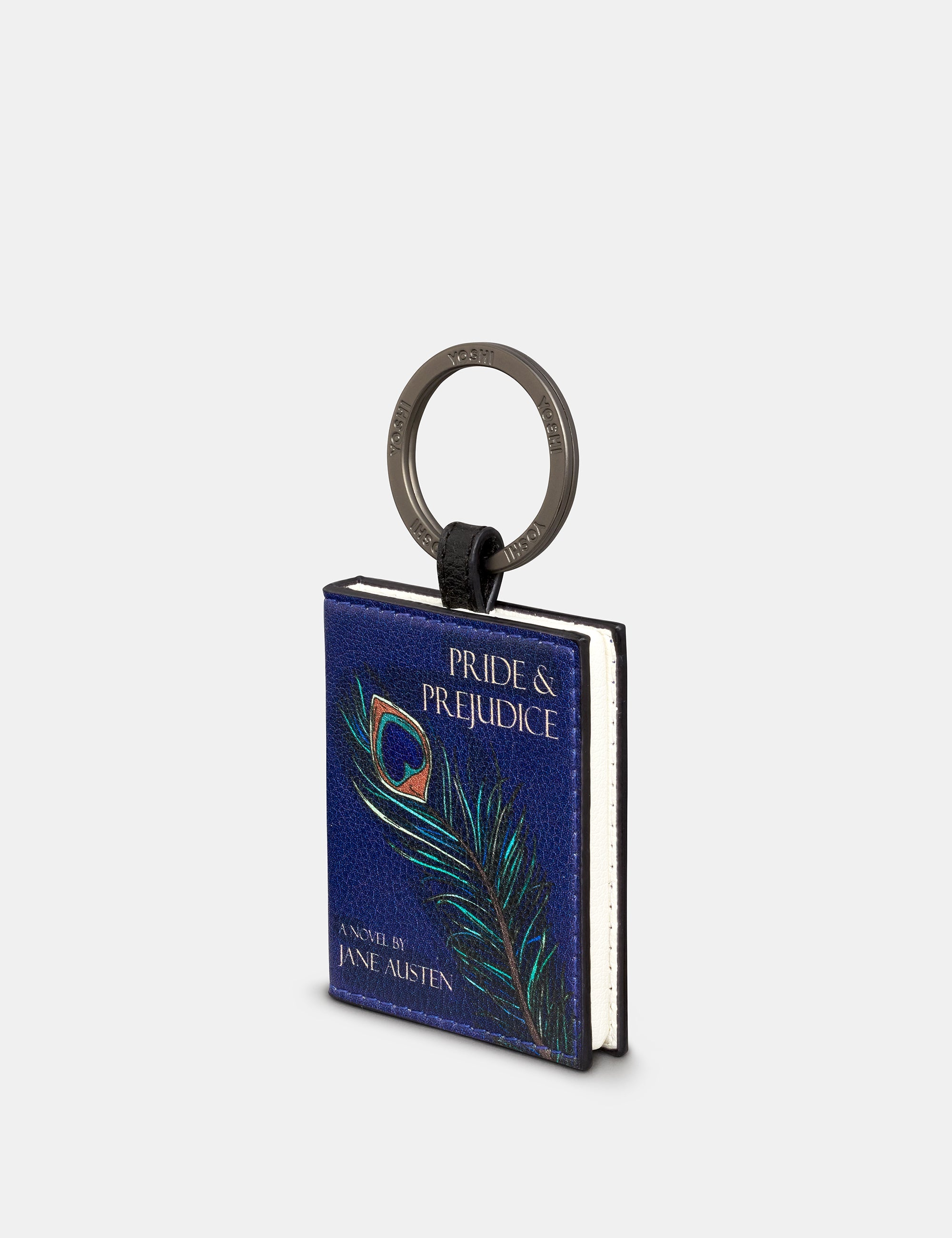 Pride and Prejudice keyring angled showing book shape and pages edge on white background