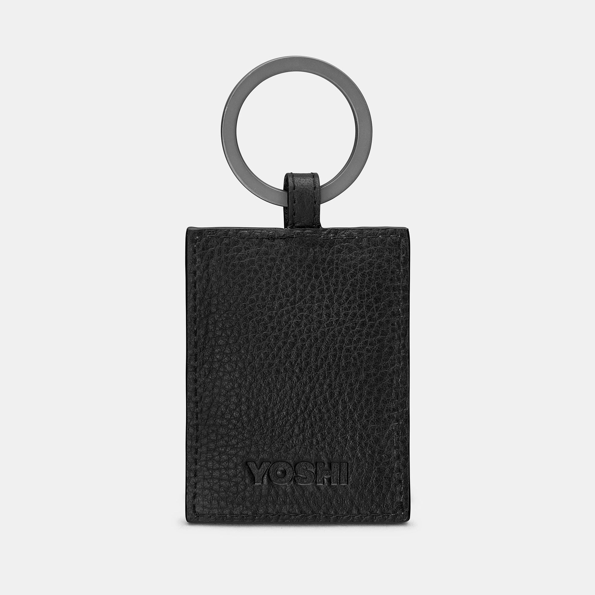 Sci-fi book club keyring back view in black leather with Yoshi logo