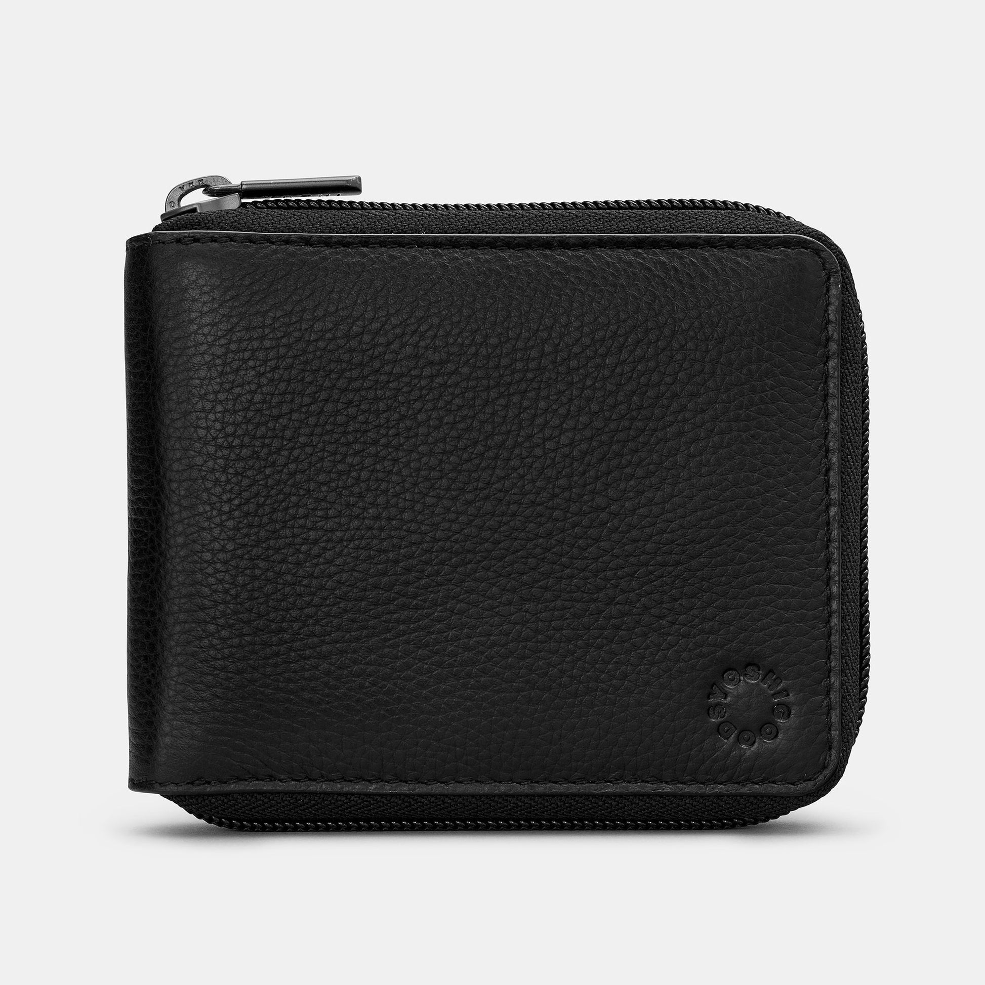 Yoshi zip round wallet in black leather angled view