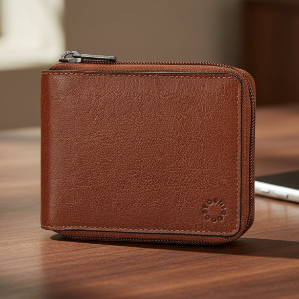 Brown zip round leather wallet closed front view