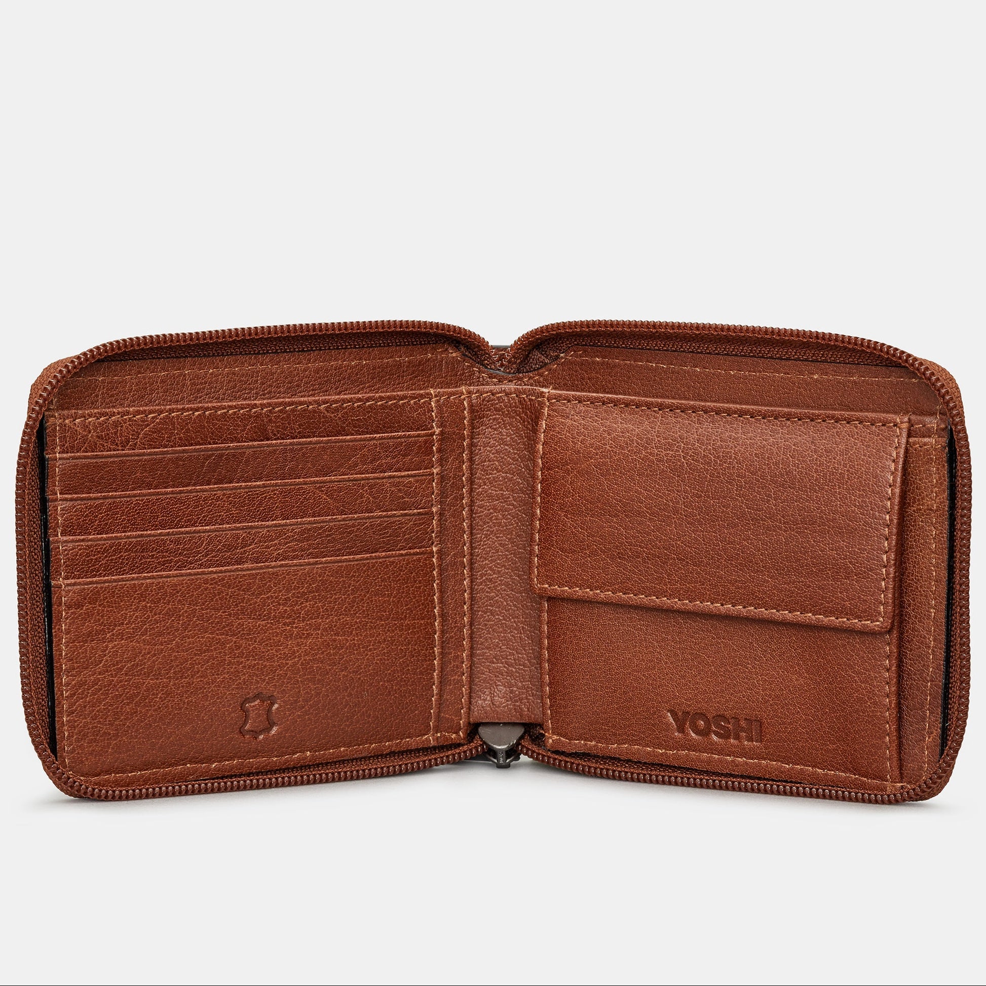 Brown zip round wallet open showing interior card slots