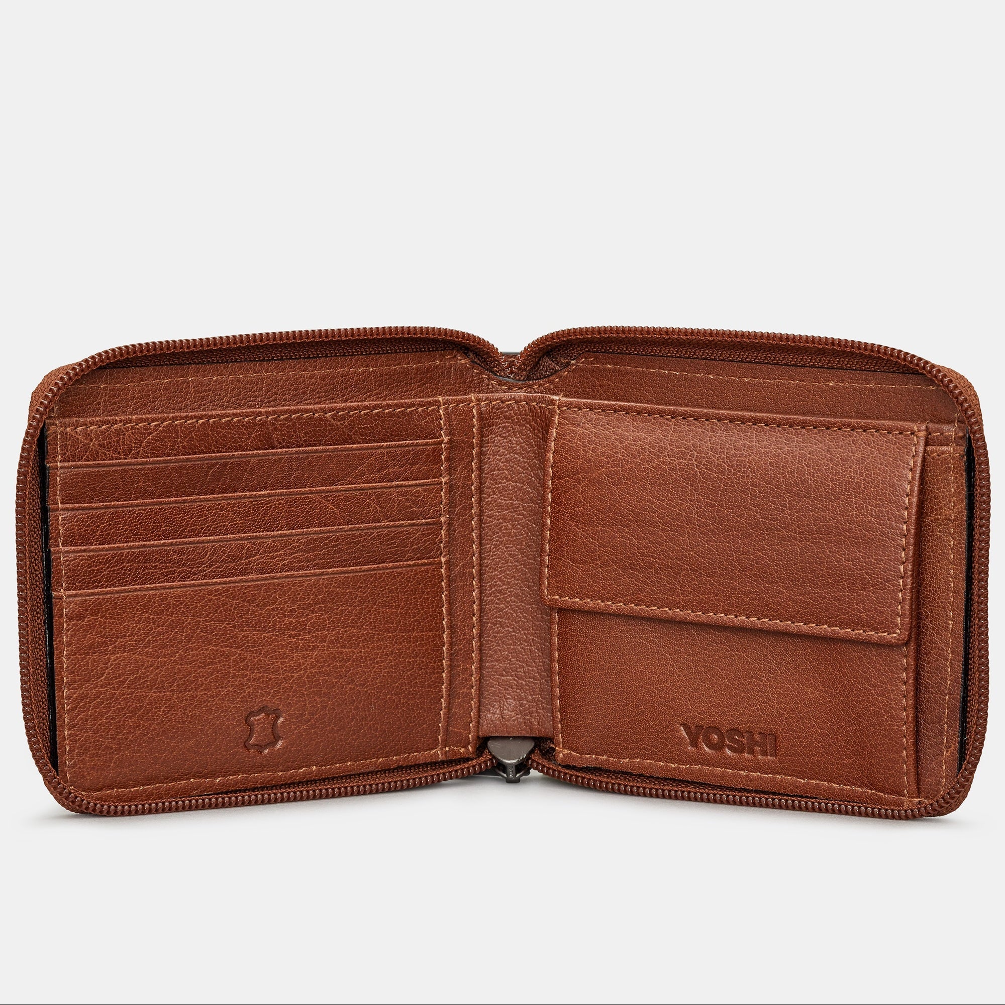 Brown zip round wallet open showing interior card slots