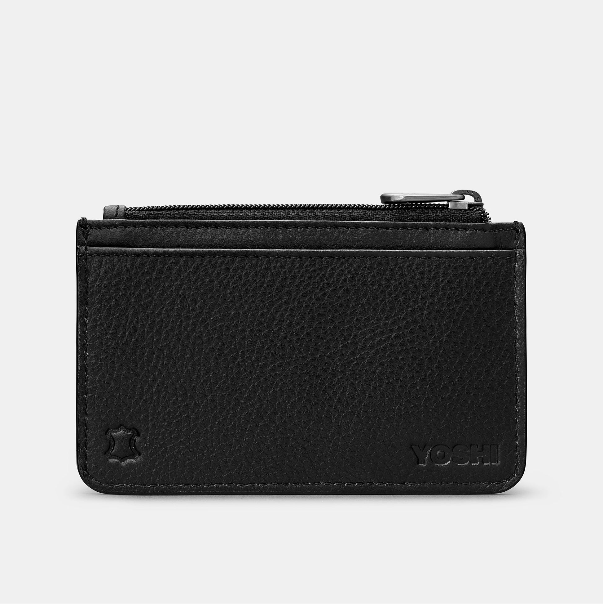 Black leather card holder back view showing Yoshi logo on grey background