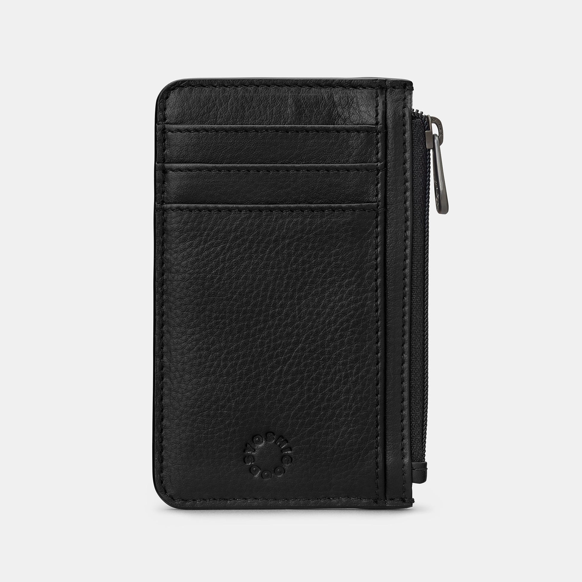 Black leather card holder front view showing three card slots and side zip