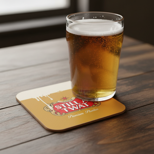 You’re Still A Twat cork coaster with beer label design on white background.