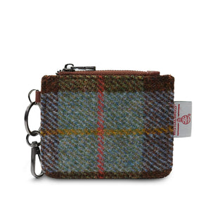 Harris Tweed Tartan Wallet with a green and brown Scottish tartan design. It has a keychain attachment. 