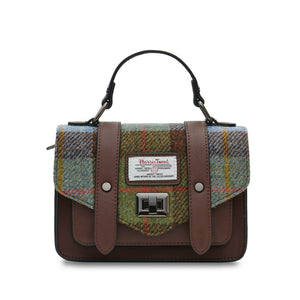 Harris Tweed Satchel / Handbag on a white background with a blue, green and brown tartan and brown leather.