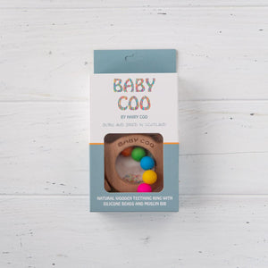 Baby Hoo by Hairy Coo Born and Bred in Scotland Natural wooden teething ring with silicone beads and muslin bib. 