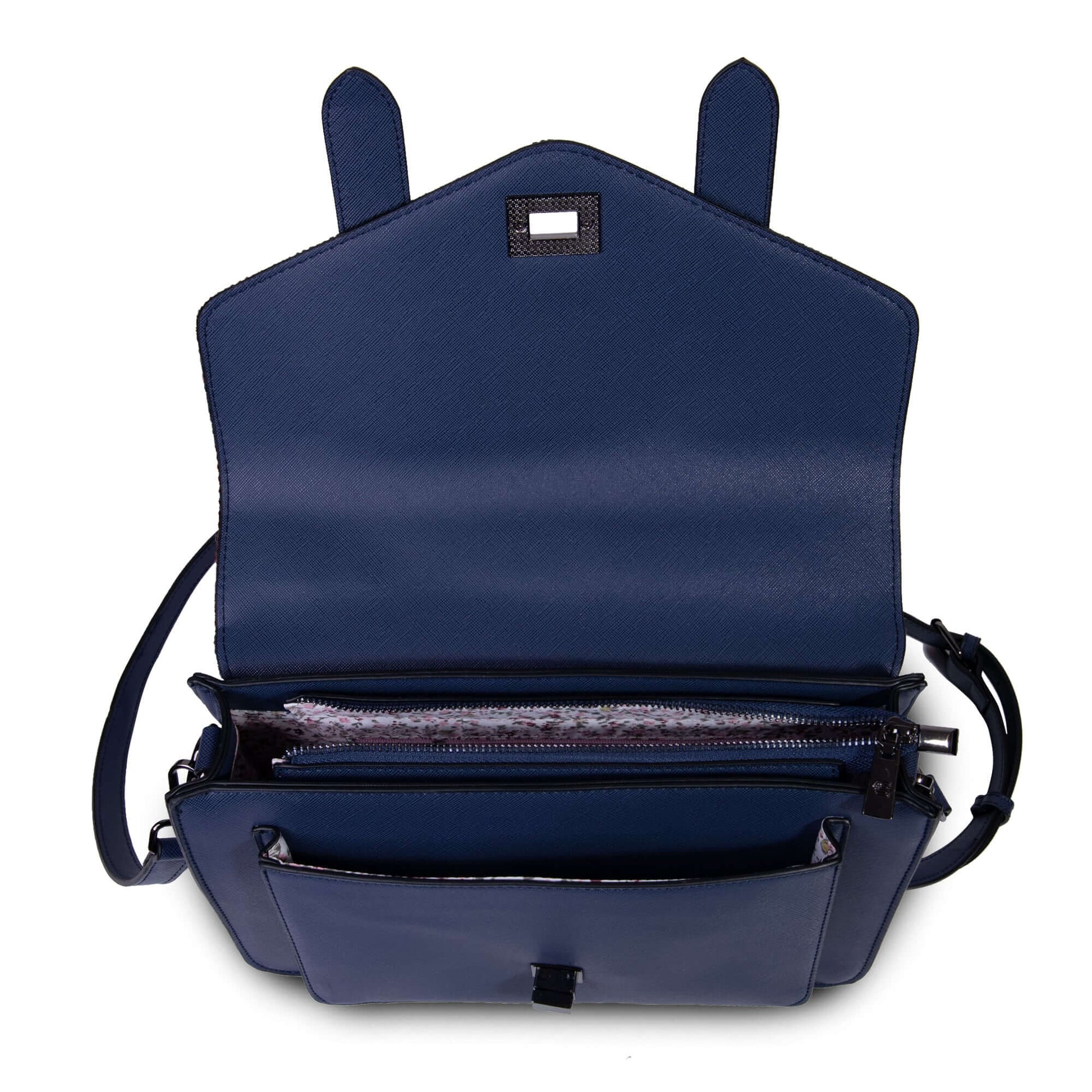 Inside the Islander Harris Tweed Navy Over-Check satchel showing the inside pockets and floral lining. 