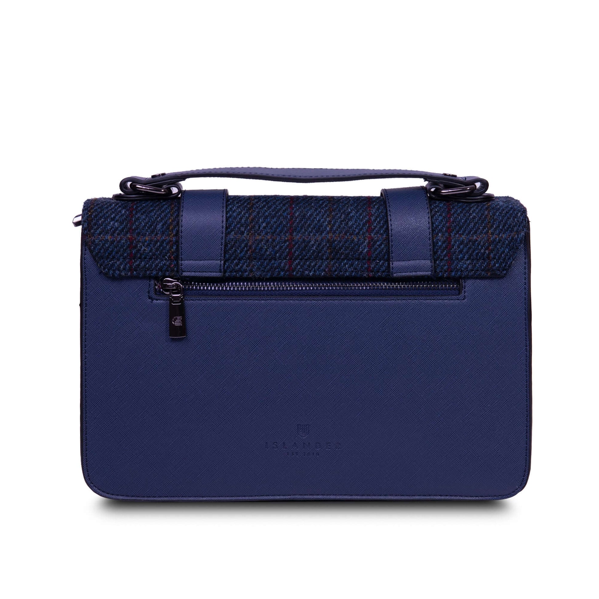 From behind the Islander Harris Tweed Navy Over-Check Tartan Satchel showing the reverse zipped pocket. 
