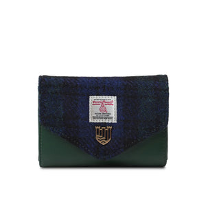 Harris Tweed Black Watch Tartan purse with green and blue tartan pattern and green PU leather body.