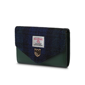 Side view of Harris Tweed Black Watch Tartan purse with green and blue tartan pattern and green PU leather body.