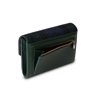 Rear view of Harris Tweed Black Watch Tartan purse with green and blue tartan pattern and green PU leather body, showing zip closure for secure storage.
