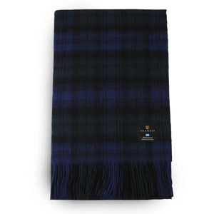 Lambswool Black Watch Tartan Scarf folded in two with the Islander logo to the front.