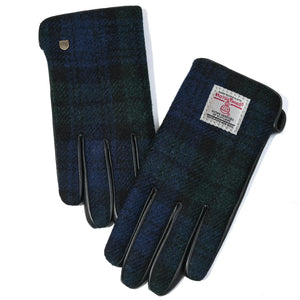 Men's Harris Tweed Gloves in a green and blue Black Watch Tartan pattern.