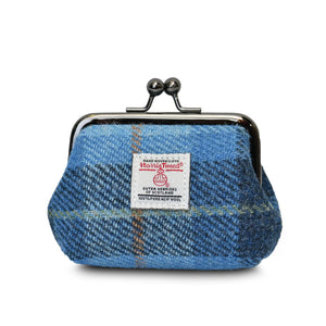 Harris Tweed clasp closure coin purse in a Scottish blue tartan design. 
