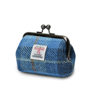 Side angle of the Islander Blue Tartan Harris Tweed Coin Purse against a white background.