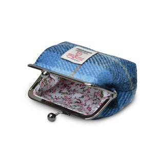 Inside the Harris Tweed Blue Tartan Coin Purse showing the floral lining. 