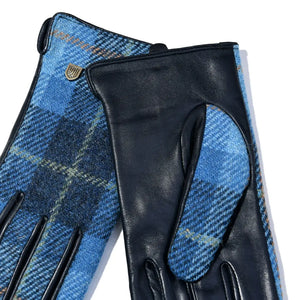 Rear of the ladies gloves showing the PU leather and Blue Tartan Harris Tweed.