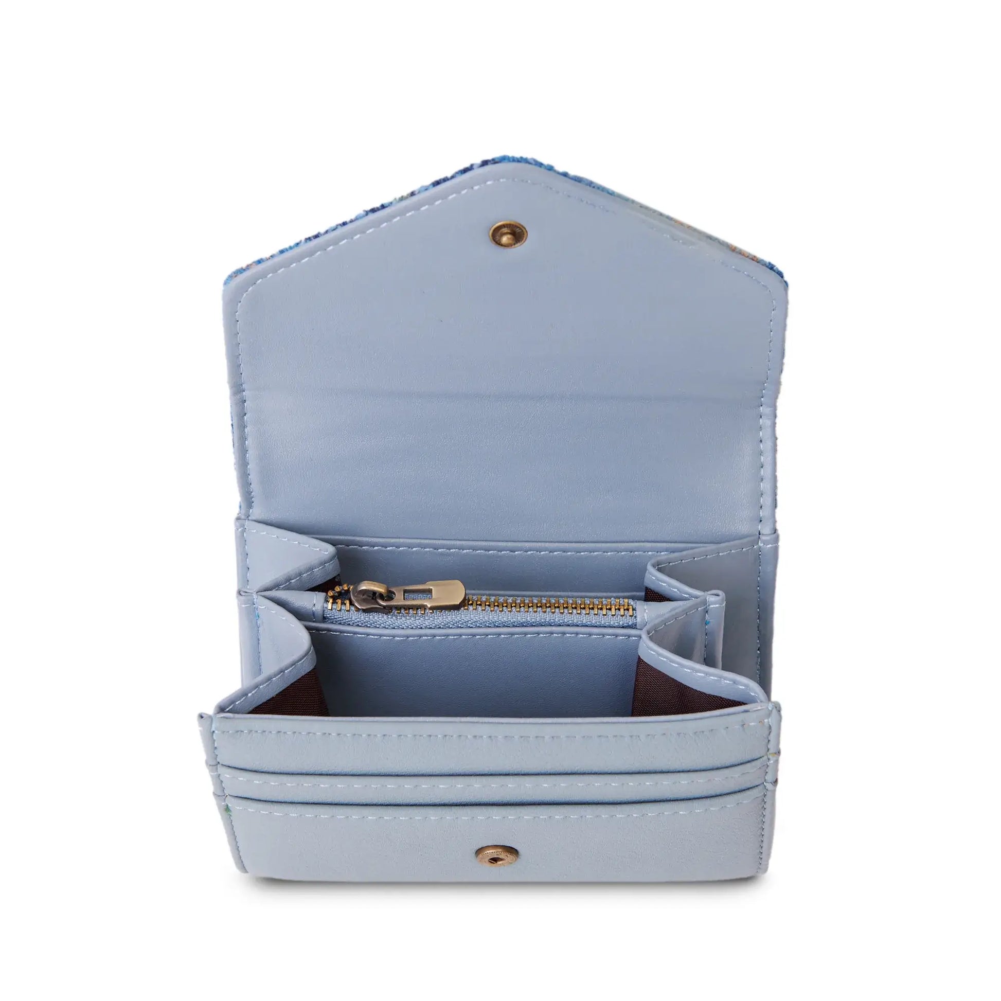 Inside the purse showing the internal compartments and zipped section. It has two card slots on the front and you can see the button popper. 