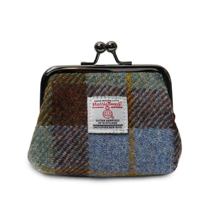 Harris Tweed clasp purse for coins finished in a blue and brown tartan pattern.