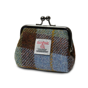 Side view of the Islander Chestnut and Blue Tartan Harris Tweed Coin Purse.