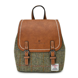 Harris Tweed backpack made from brown PU leather and a brown chestnut herringbone Harris Tweed fabric.