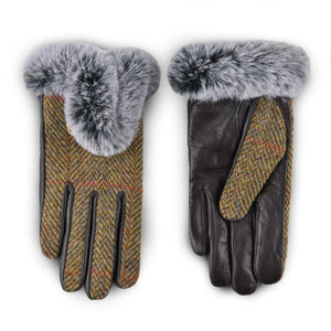 Pair of Harris Tweed Gloves in Chestnut Herringbone. One glove is facing upwards showing the Harris Tweed, the other downwards showing the PU leather.