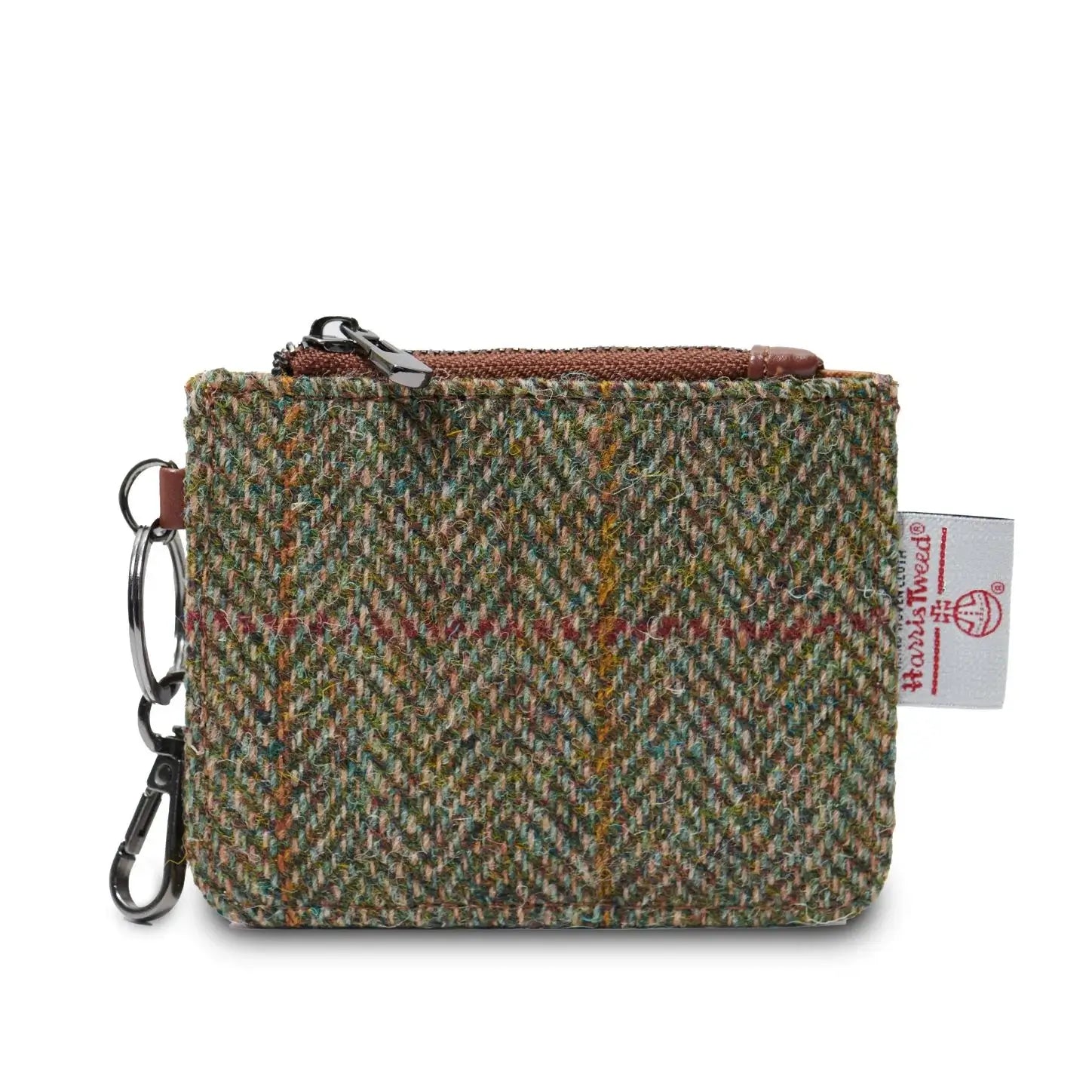 A compact wallet made of PU leather outer and Harris Tweed®, featuring a chestnut herringbone pattern. The wallet has a key chain attachment, three external card slots, and a zip pocket. Its dimensions are L: 11cm H: 7cm.