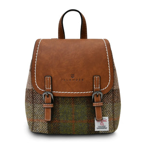 Harris Tweed backpack made from brown PU leather and a brown chestnut and green tartan Harris Tweed fabric.