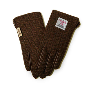 Ladies Harris Tweed Gloves in a brown coffee style herringbone pattern.