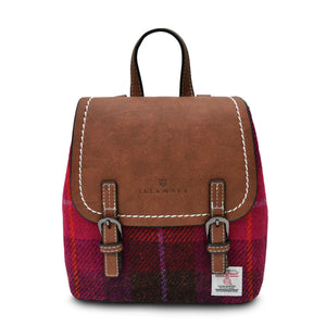 Harris Tweed backpack made from brown PU leather and finished with a red fuchsia Harris Tweed fabric.