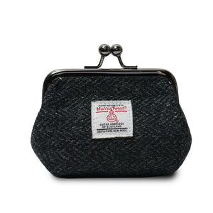 Harris Tweed clasp closure coin purse finished in a black herringbone pattern.
