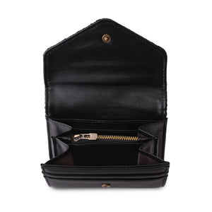 Inside the Islander Harris Tweed Black Herringbone small purse showing the internal pockets and card holders.