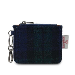 Zip Card Wallet in a Blue and Green Black Watch Tartan Harris Tweed and a keychain attachment. 