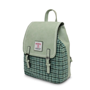 From the side the Islander Harris Tweed Green Dogtooth Jura Backpack showing the width of the bag.