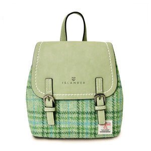 Harris Tweed backpack made from green PU leather and finished with a green tartan Harris Tweed fabric.