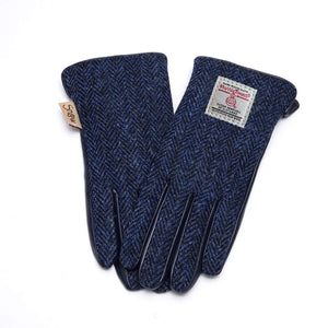 Ladies Harris Tweed Gloves with a Navy Herringbone pattern.