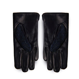 Rear of the Navy Herringbone Harris Tweed Gloves showing the PU leather body. 