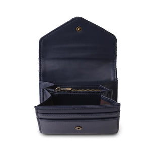 Inside view of a Harris Tweed navy blue herringbone purse, featuring a navy blue PU leather interior with multiple pockets and compartments for organisation. The exterior is made of 100% genuine Harris Tweed fabric, handwoven in the Outer Hebrides of Scotland.