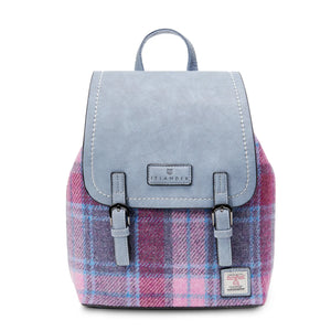Image of the Islander Pink and Blue Tartan Harris Tweed Jura Backpack in medium size.
