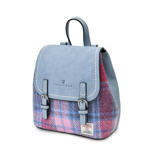 Side view of the Islander Pink and Blue Tartan Harris Tweed Jura backpack.