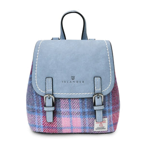 Harris Tweed backpack with a light blue PU leather body and finished with a pink and blue tartan Harris Tweed fabric.