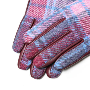 Close up of the fingers of the Islander Pink & Blue Tartan Harris Tweed Ladies Gloves.