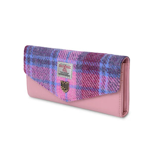 Ladies large Harris Tweed Clasp Purse with a pink PU leather body and Pink and Blue Tartan patterned top.