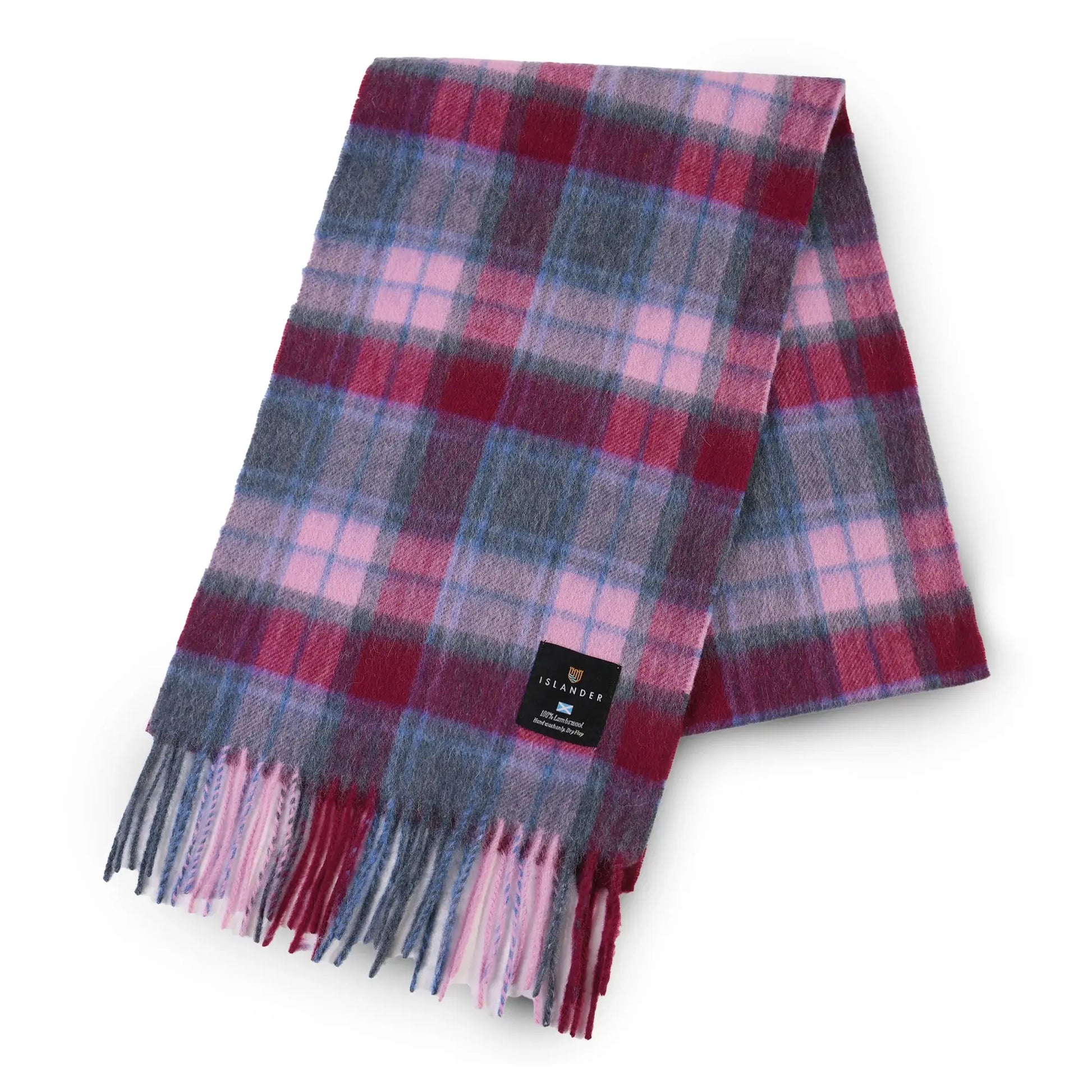 Pink & Blue Tartan Lambswool Scarf Folded in half.