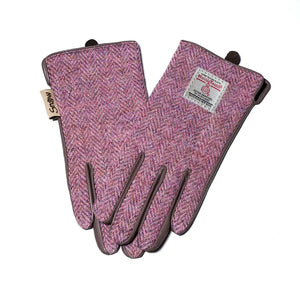 Ladies Harris Tweed Gloves in a pink herringbone pattern.
